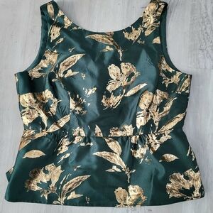 NWT Talbots Metallic Floral Jacquard Peplum Top Green Gold Size 8
